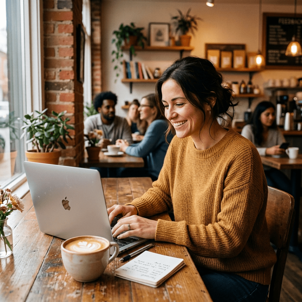 1000018583 Woman typing feedback on a laptop in a warmly lit café