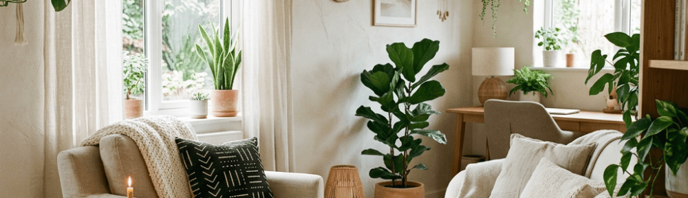 Sunlit living room with plants, armchair, sofa, and wood ceiling beams
